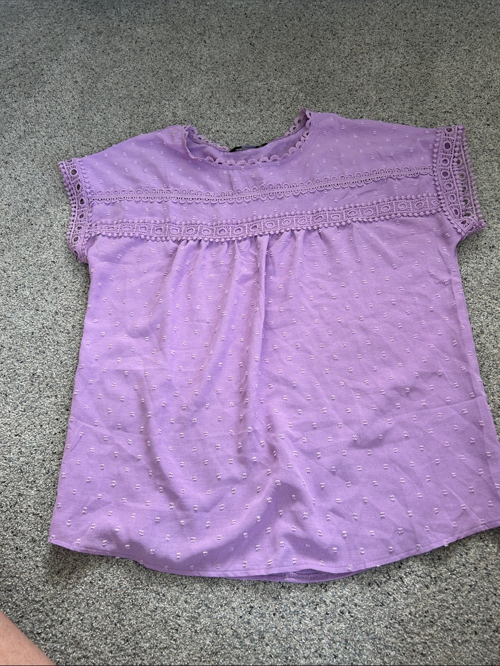 Women’s Lavender Eyelet Cap-Sleeve Top with pretty back button detail
